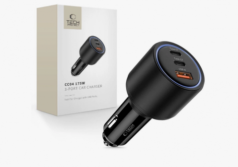 Automobilinis įkroviklis 12-24V 2xUSB C + USB 175W juodas Tech-Protect CC04